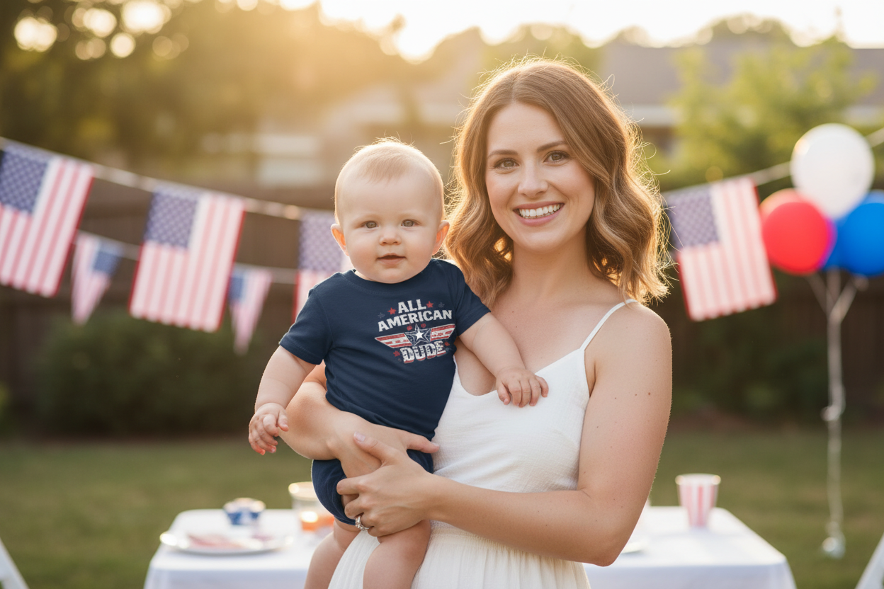 Baby in navy All American Dude tee held by mom at 4th of July gathering
