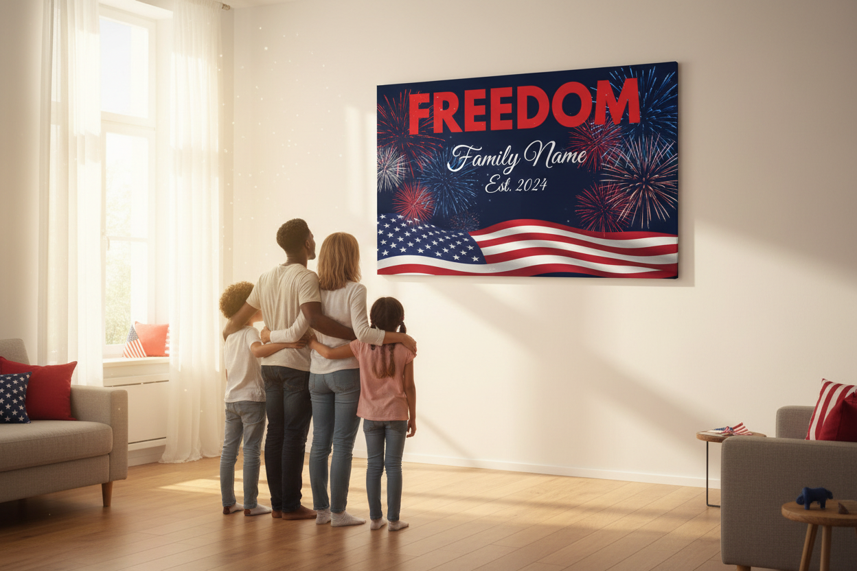 Family admiring their personalized Freedom canvas on the wall, 4th of July edition