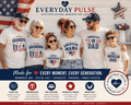 Family wearing matching patriotic-themed t-shirts with text and Everyday Pulse branding.