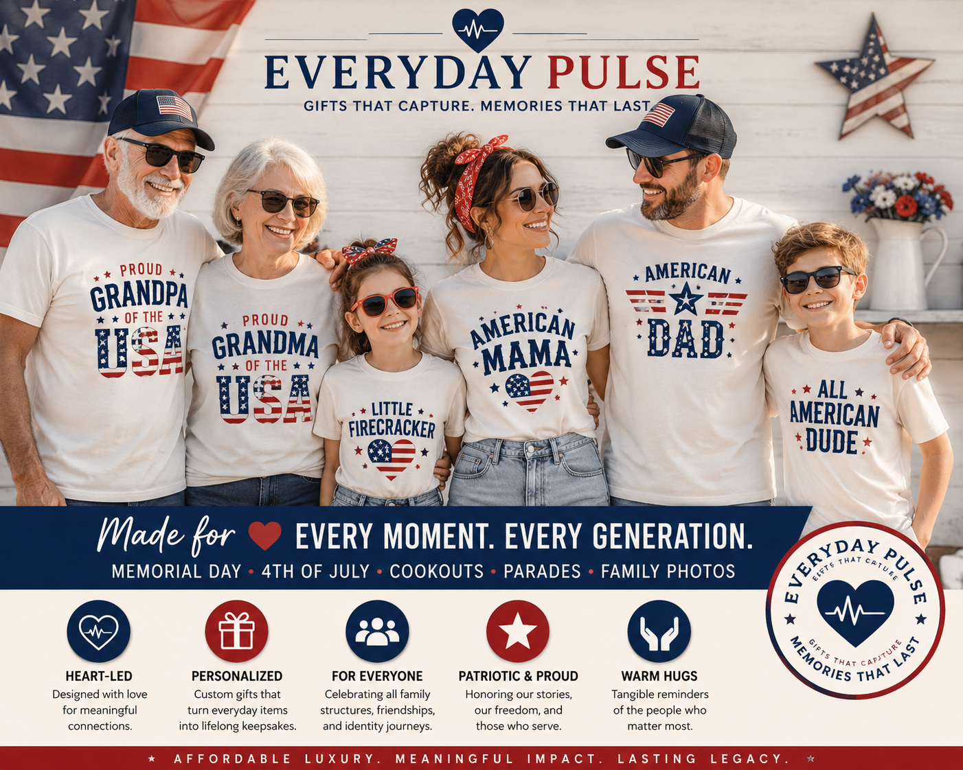 Family wearing matching patriotic-themed t-shirts with text and Everyday Pulse branding.