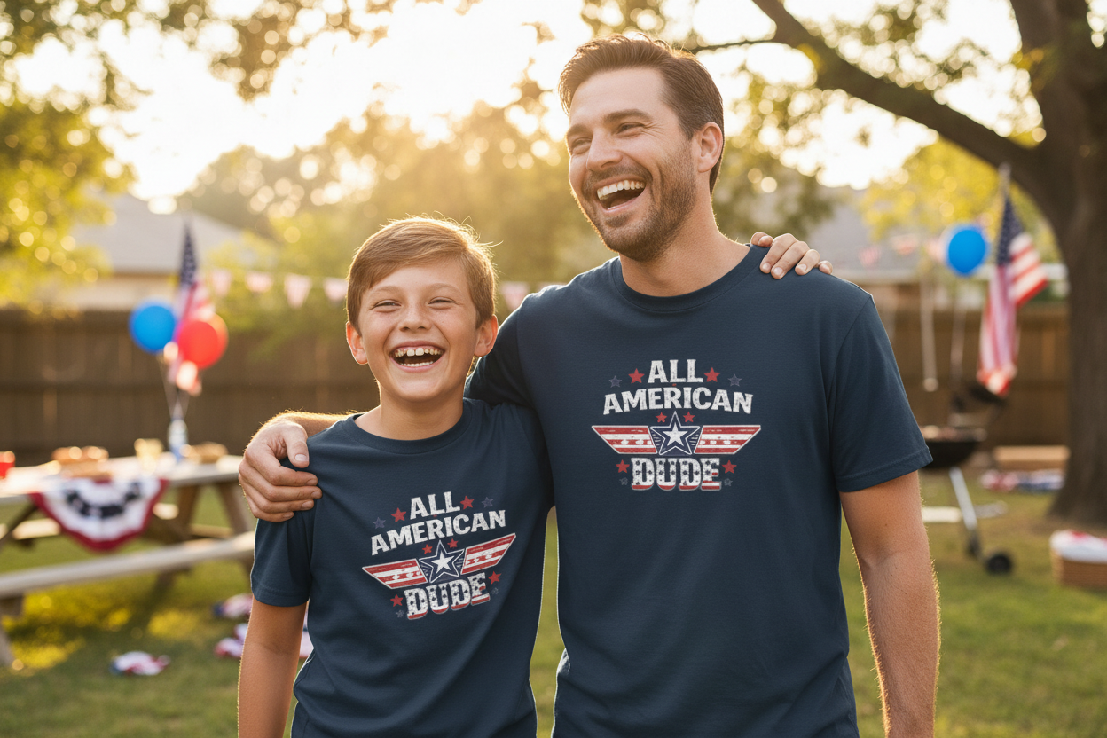 Father and son in matching navy All American Dude badge tees at 4th of July cookout