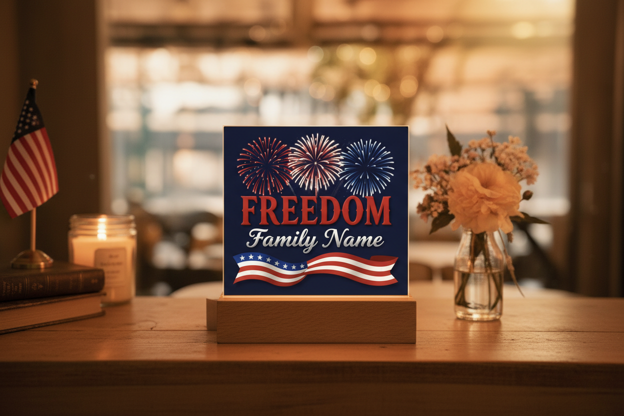 Personalized Freedom LED acrylic plaque glowing warmly on wooden base with 4th of July decor