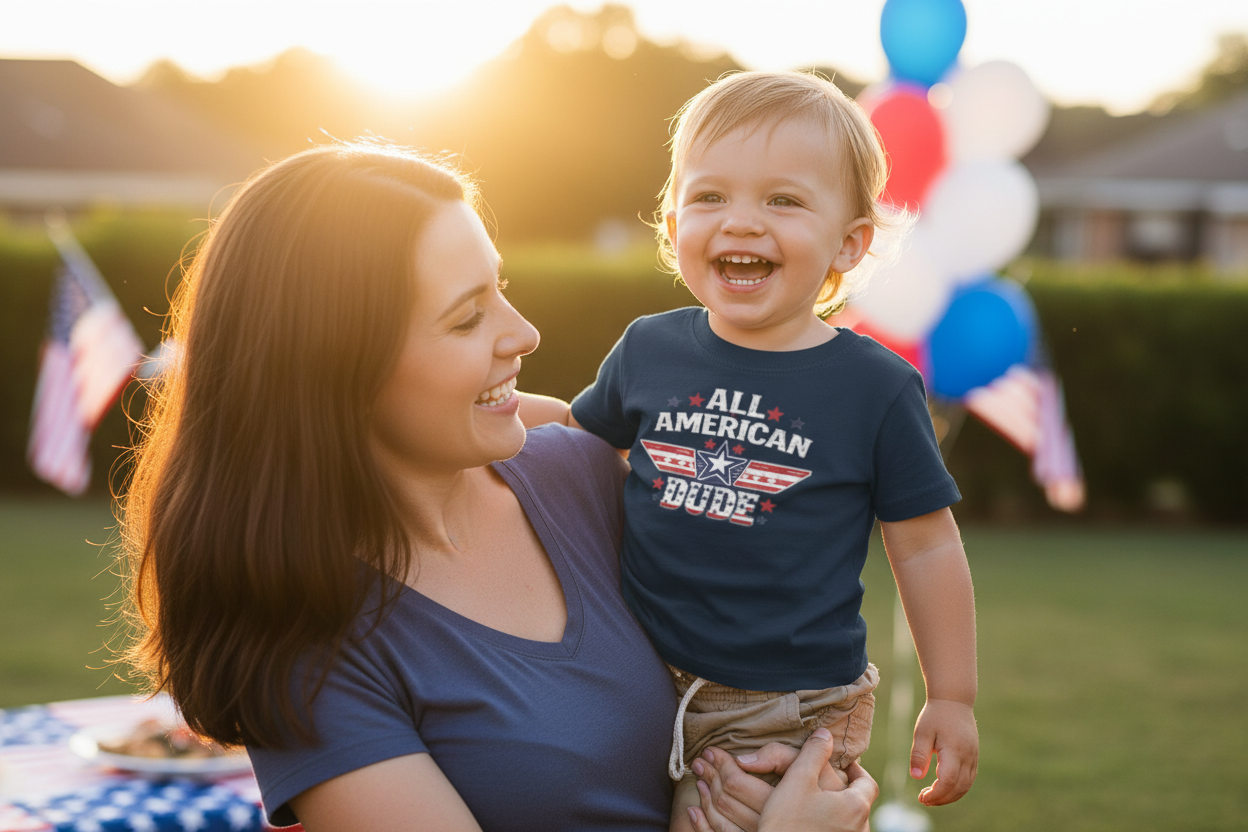 Mom holding toddler in navy All American Dude badge tee at 4th of July backyard gathering