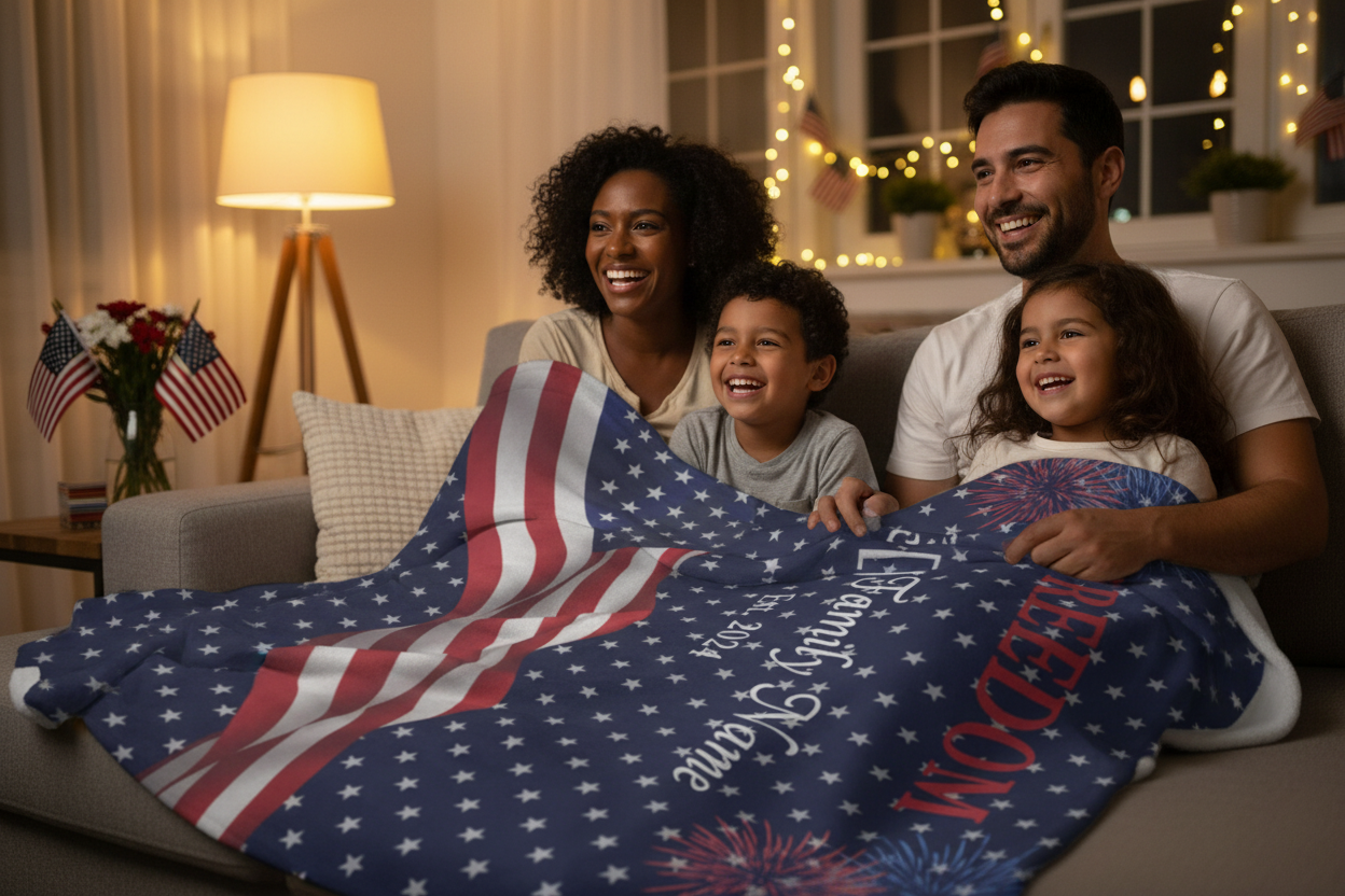 Family snuggled together on couch wrapped in personalized Family Freedom Blanket, 4th of July edition